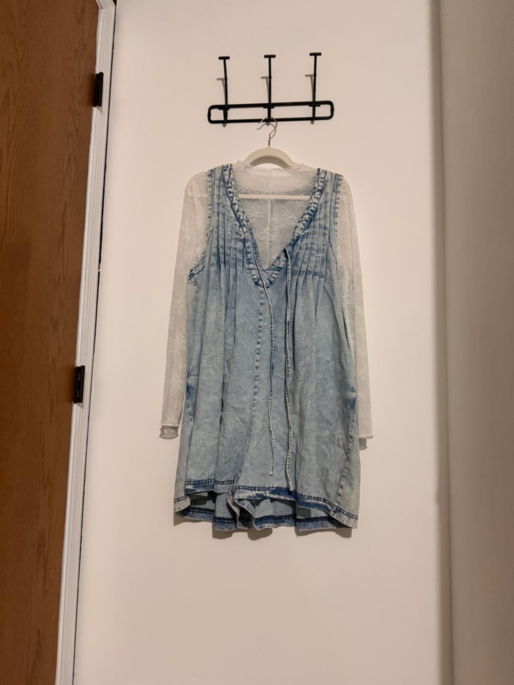 Light Wash Denim Romper with Sheer Lace Sleeves